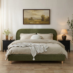 English Elm California King Velvet Upholstered Bed Curved Thick Headboard Solid Wood Legs Platform N757P469087V