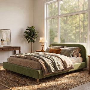 English Elm California King Velvet Upholstered Bed Curved Thick Headboard Solid Wood Legs Platform N757P469087V