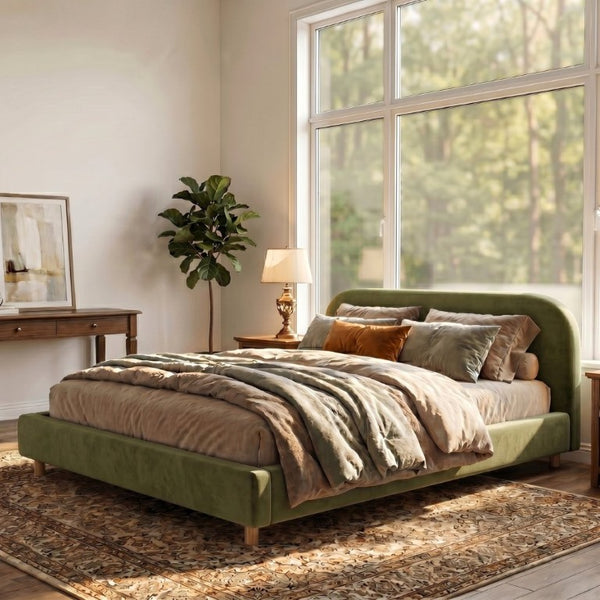 English Elm California King Velvet Upholstered Bed Curved Thick Headboard Solid Wood Legs Platform N757P469087V