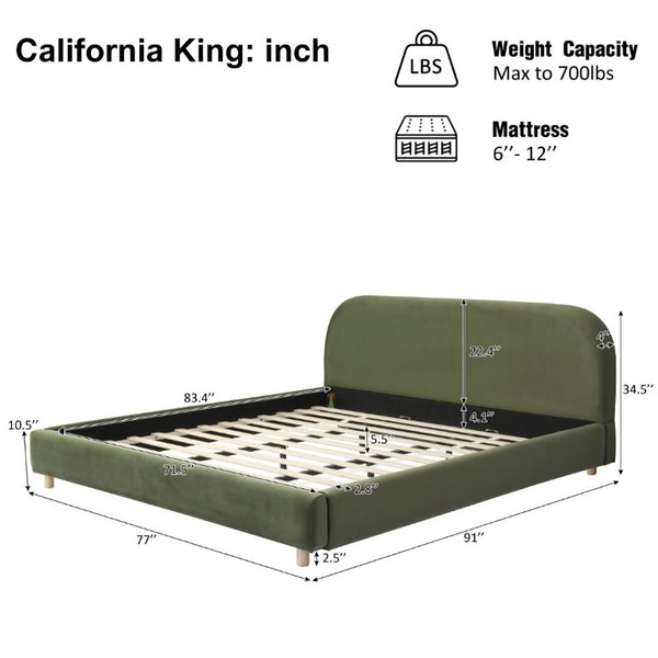 English Elm California King Velvet Upholstered Bed Curved Thick Headboard Solid Wood Legs Platform N757P469087V