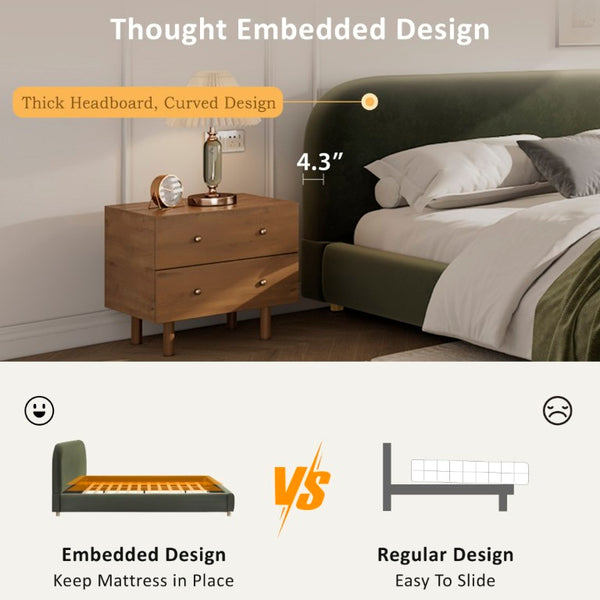 English Elm California King Velvet Upholstered Bed Curved Thick Headboard Solid Wood Legs Platform N757P469087V
