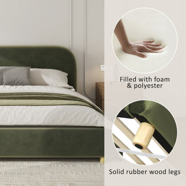 English Elm California King Velvet Upholstered Bed Curved Thick Headboard Solid Wood Legs Platform N757P469087V