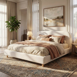 English Elm California King Boucle Upholstered Bed Curved Thick Headboard Solid Wood Legs Modern N757P469087W