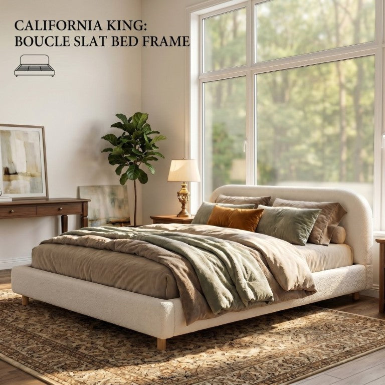 English Elm California King Boucle Upholstered Bed Curved Thick Headboard Solid Wood Legs Modern N757P469087W