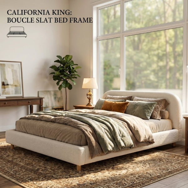 English Elm California King Boucle Upholstered Bed Curved Thick Headboard Solid Wood Legs Modern N757P469087W
