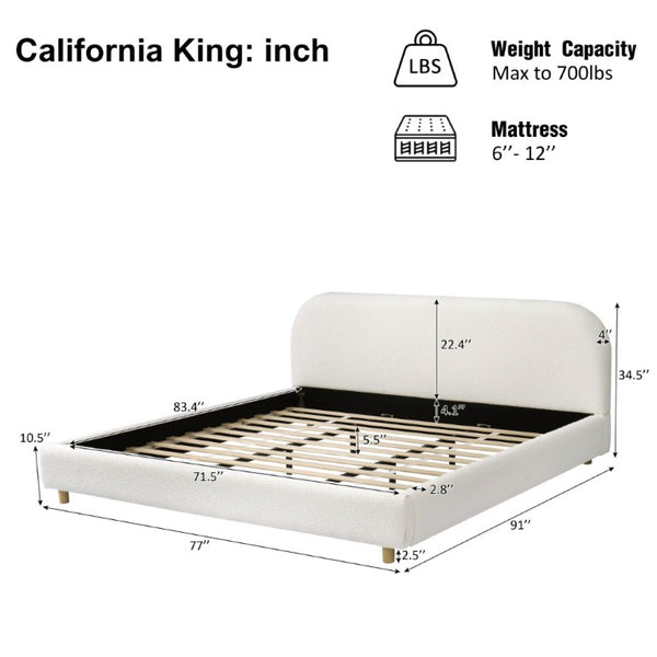 English Elm California King Boucle Upholstered Bed Curved Thick Headboard Solid Wood Legs Modern N757P469087W
