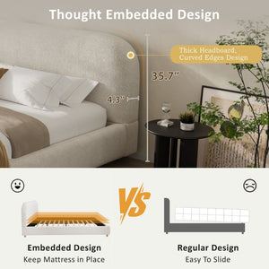 English Elm California King Boucle Upholstered Bed Curved Thick Headboard Solid Wood Legs Modern N757P469087W