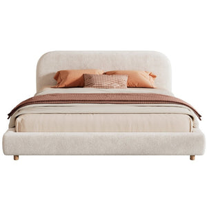 English Elm California King Boucle Upholstered Bed Curved Thick Headboard Solid Wood Legs Modern N757P469087W