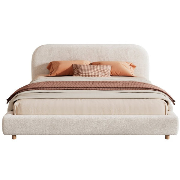 English Elm California King Boucle Upholstered Bed Curved Thick Headboard Solid Wood Legs Modern N757P469087W