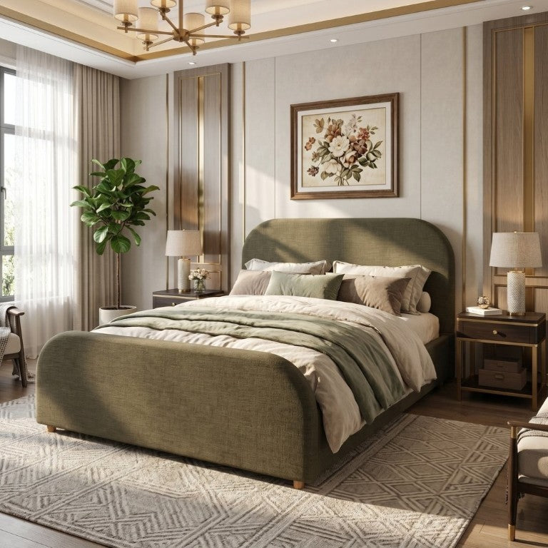 English Elm Queen Linen Upholstered Bed Curved Padded Headboard Solid Wood Legs Sage Green N757P508805G