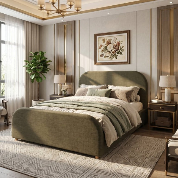 English Elm Queen Linen Upholstered Bed Curved Padded Headboard Solid Wood Legs Sage Green N757P508805G