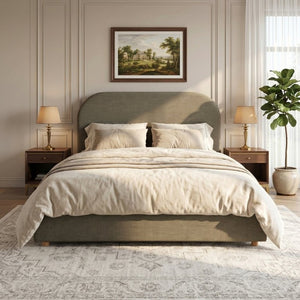 English Elm Queen Linen Upholstered Bed Curved Padded Headboard Solid Wood Legs Sage Green N757P508805G