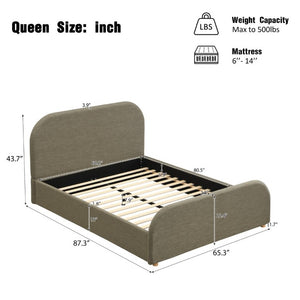 English Elm Queen Linen Upholstered Bed Curved Padded Headboard Solid Wood Legs Sage Green N757P508805G