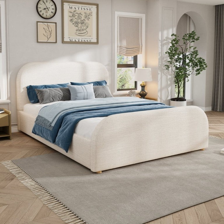 English Elm Queen Upholstered Bed Curved Linen Headboard Solid Wood Legs Boutique Bedroom Style N757P508805I