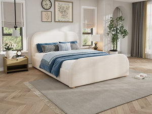 English Elm Queen Upholstered Bed Curved Linen Headboard Solid Wood Legs Boutique Bedroom Style N757P508805I