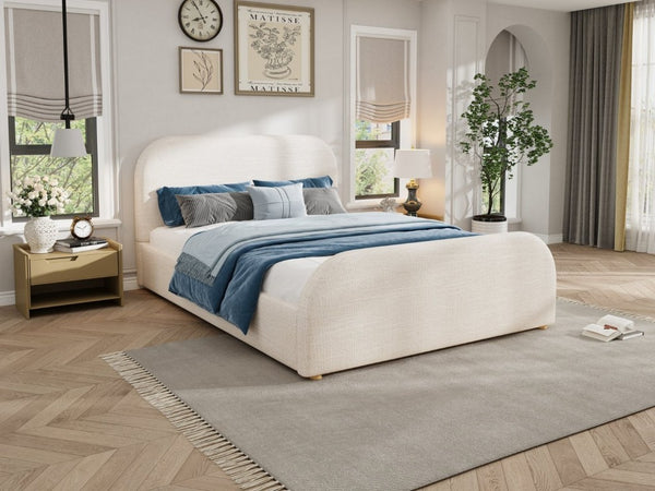 English Elm Queen Upholstered Bed Curved Linen Headboard Solid Wood Legs Boutique Bedroom Style N757P508805I