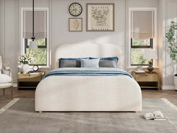 English Elm Queen Upholstered Bed Curved Linen Headboard Solid Wood Legs Boutique Bedroom Style N757P508805I
