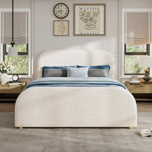 English Elm Queen Upholstered Bed Curved Linen Headboard Solid Wood Legs Boutique Bedroom Style N757P508805I