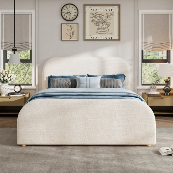 English Elm Queen Upholstered Bed Curved Linen Headboard Solid Wood Legs Boutique Bedroom Style N757P508805I