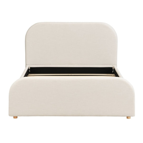 English Elm Queen Upholstered Bed Curved Linen Headboard Solid Wood Legs Boutique Bedroom Style N757P508805I