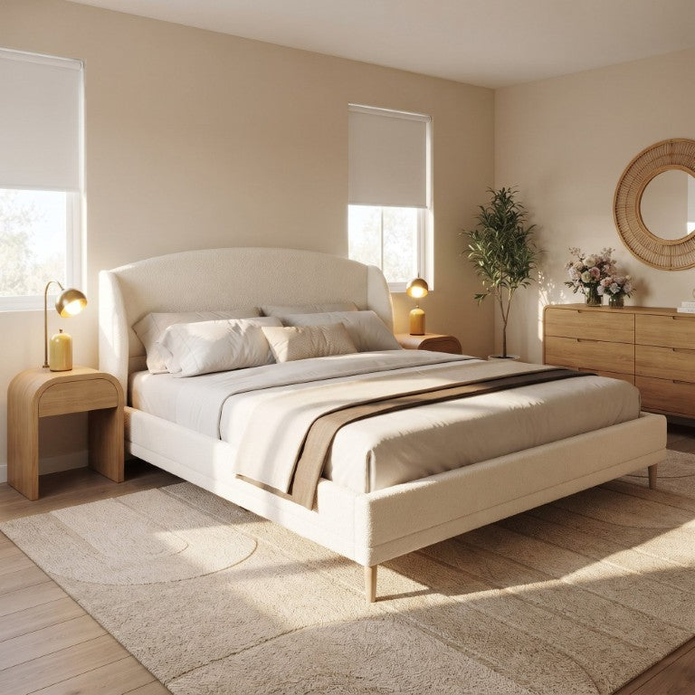 English Elm California King Boucle Upholstered Bed Sculptural Wingback Headboard Solid Wood Legs N757P524474W