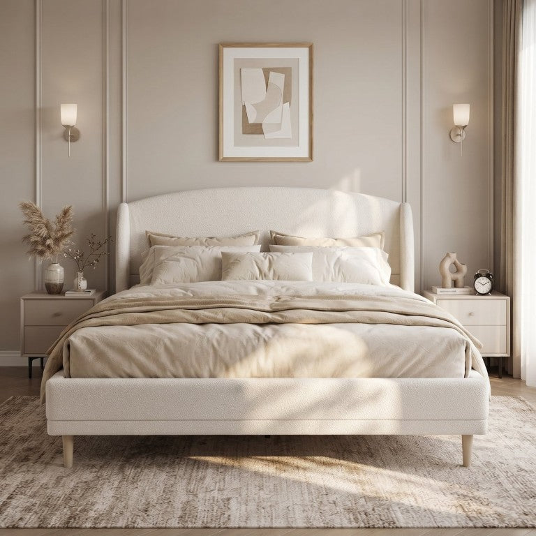 English Elm California King Boucle Upholstered Bed Sculptural Wingback Headboard Solid Wood Legs N757P524474W