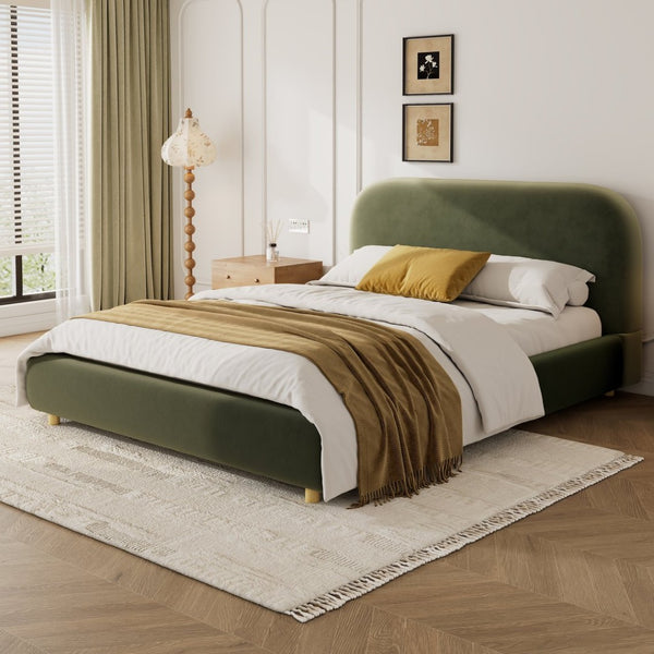 English Elm Queen Velvet Platform Bed Curved Padded Headboard Solid Wood Legs Bedroom Anchor N757Q210312V-1