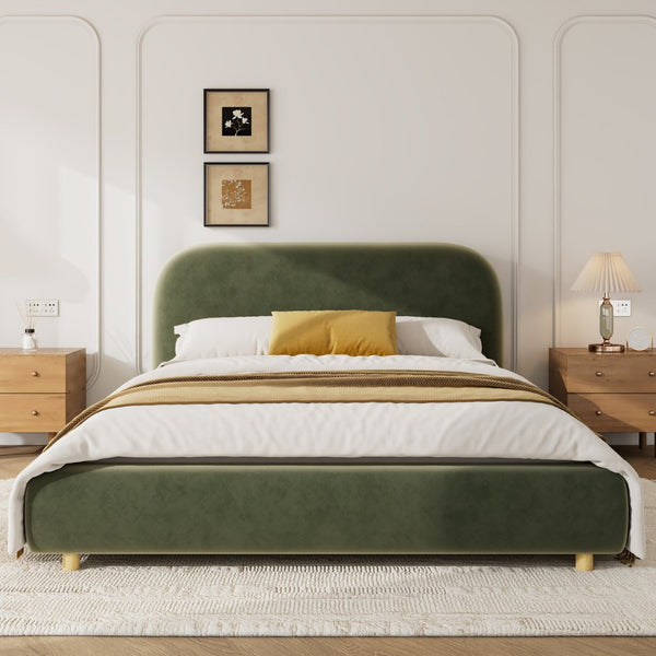 English Elm Queen Velvet Platform Bed Curved Padded Headboard Solid Wood Legs Bedroom Anchor N757Q210312V-1