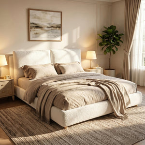 English Elm Queen Boucle Platform Bed Solid Wood Legs Foam Pillow Headboard Modern Bedroom N757Q246141W-2