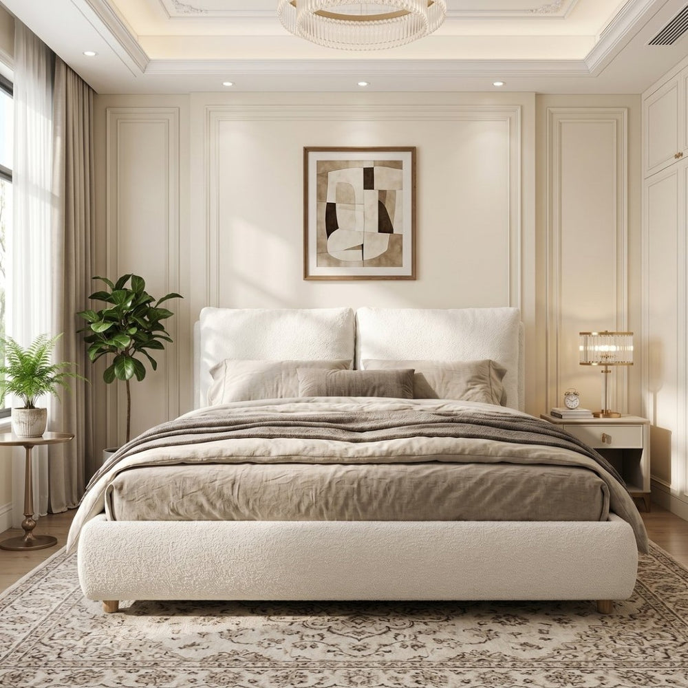 English Elm Queen Boucle Platform Bed Solid Wood Legs Foam Pillow Headboard Modern Bedroom N757Q246141W-2