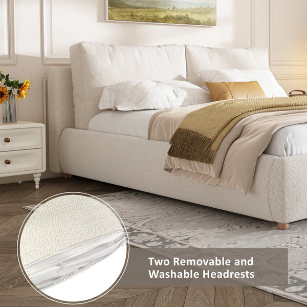 English Elm Queen Boucle Platform Bed Solid Wood Legs Foam Pillow Headboard Modern Bedroom N757Q246141W-2
