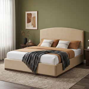 English Elm Queen Velvet Upholstered Bed Curved Padded Headboard Solid Rubberwood Base Modern Bedroom N757Q387984M