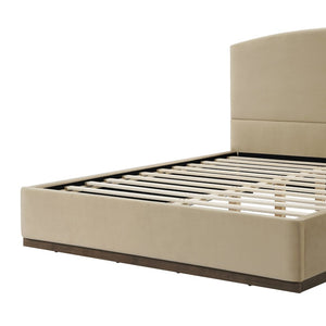 English Elm Queen Velvet Upholstered Bed Curved Padded Headboard Solid Rubberwood Base Modern Bedroom N757Q387984M