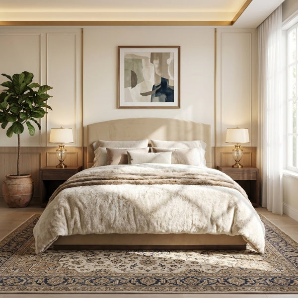 English Elm Queen Velvet Upholstered Bed Curved Padded Headboard Solid Rubberwood Base Modern Bedroom N757Q387984M