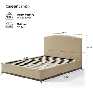 English Elm Queen Velvet Upholstered Bed Curved Padded Headboard Solid Rubberwood Base Modern Bedroom N757Q387984M