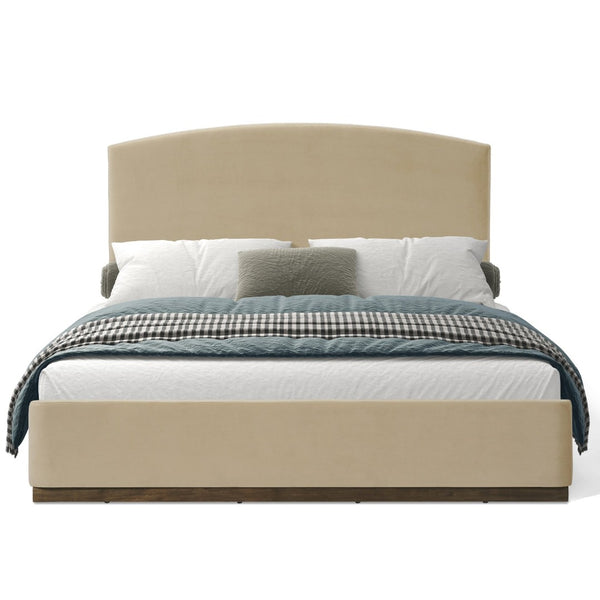 English Elm Queen Velvet Upholstered Bed Curved Padded Headboard Solid Rubberwood Base Modern Bedroom N757Q387984M