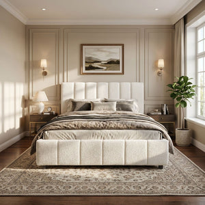 English Elm Queen Boucle Upholstered Bed Tufted Oversized Headboard Minimalist Bedroom Frame N757Q401168W