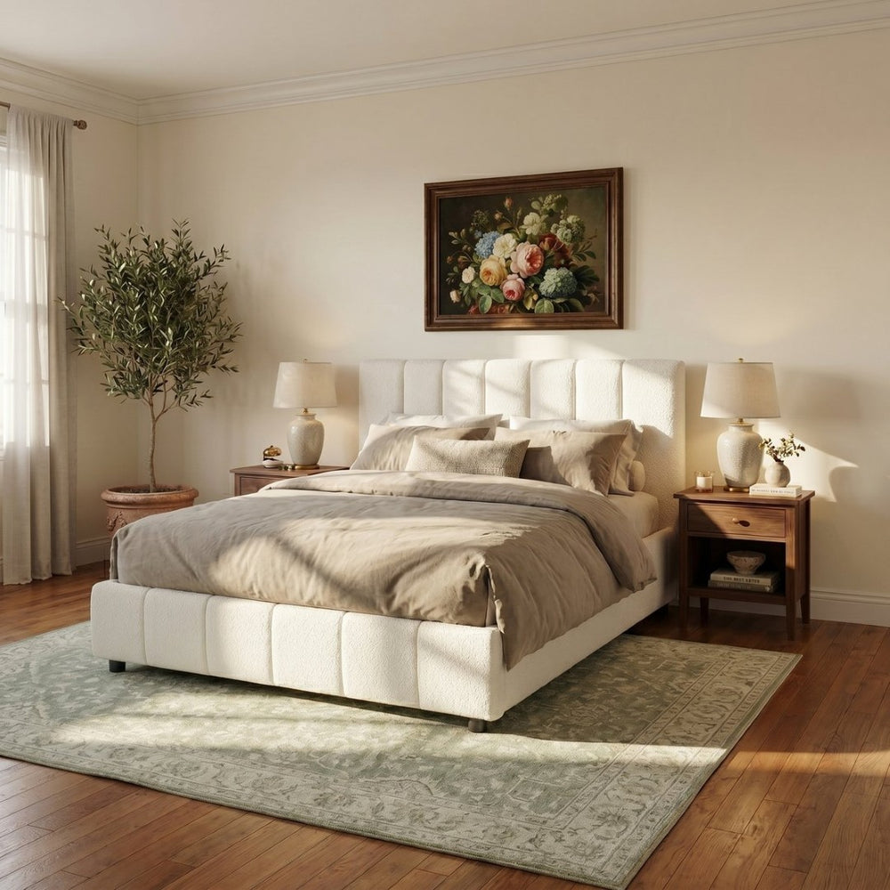 English Elm Queen Boucle Upholstered Bed Tufted Oversized Headboard Minimalist Bedroom Frame N757Q401168W