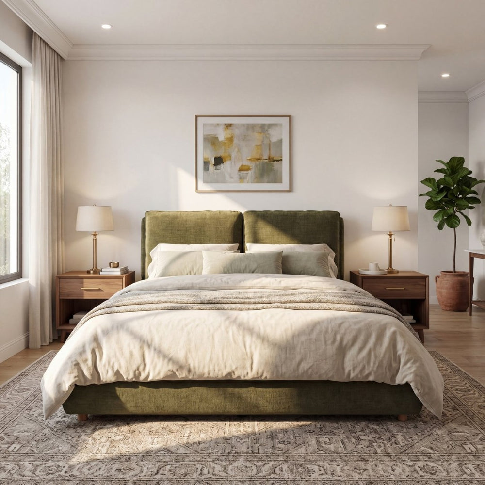 English Elm Queen Platform Bed Cotton Linen Upholstered Frame with Solid Wood Legs Pillow Headboard N757Q402354V