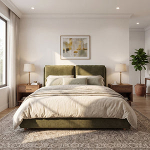English Elm Queen Platform Bed Cotton Linen Upholstered Frame with Solid Wood Legs Pillow Headboard N757Q402354V