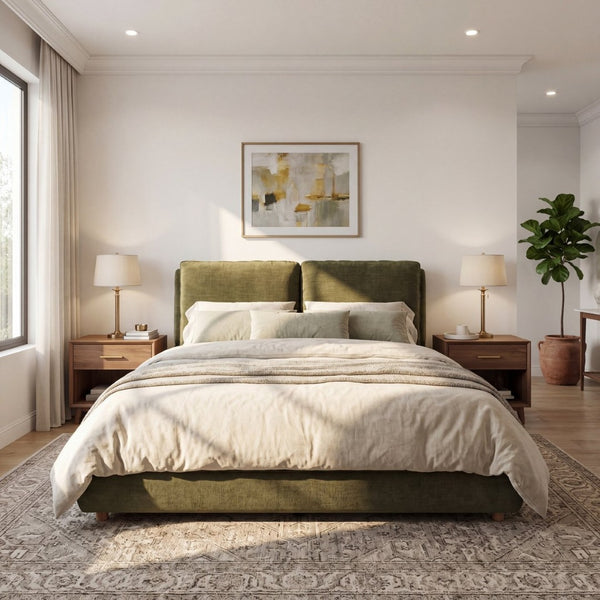 English Elm Queen Platform Bed Cotton Linen Upholstered Frame with Solid Wood Legs Pillow Headboard N757Q402354V
