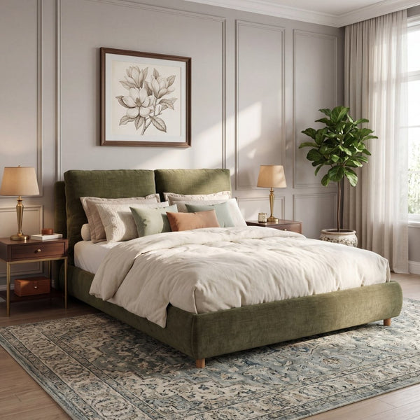 English Elm Queen Platform Bed Cotton Linen Upholstered Frame with Solid Wood Legs Pillow Headboard N757Q402354V