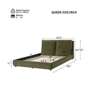 English Elm Queen Platform Bed Cotton Linen Upholstered Frame with Solid Wood Legs Pillow Headboard N757Q402354V
