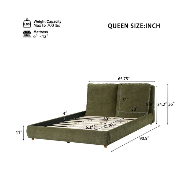 English Elm Queen Platform Bed Cotton Linen Upholstered Frame with Solid Wood Legs Pillow Headboard N757Q402354V