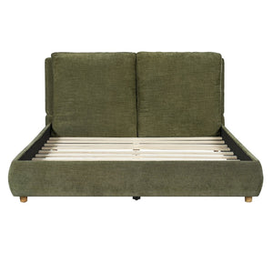 English Elm Queen Platform Bed Cotton Linen Upholstered Frame with Solid Wood Legs Pillow Headboard N757Q402354V