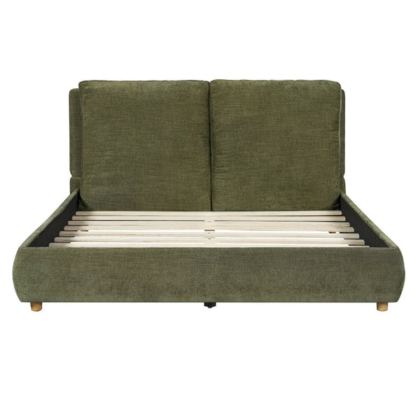 English Elm Queen Platform Bed Cotton Linen Upholstered Frame with Solid Wood Legs Pillow Headboard N757Q402354V