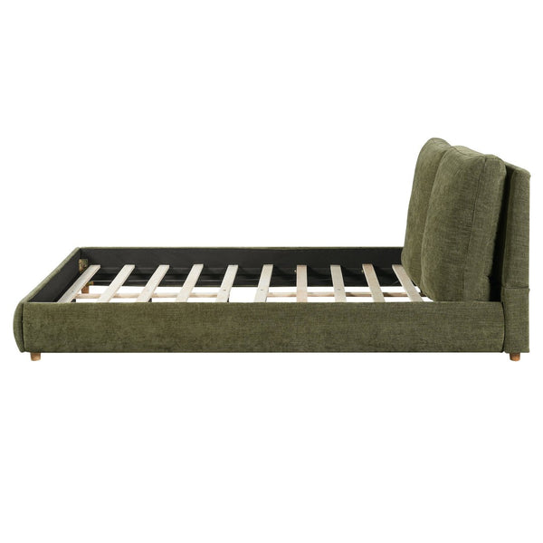 English Elm Queen Platform Bed Cotton Linen Upholstered Frame with Solid Wood Legs Pillow Headboard N757Q402354V