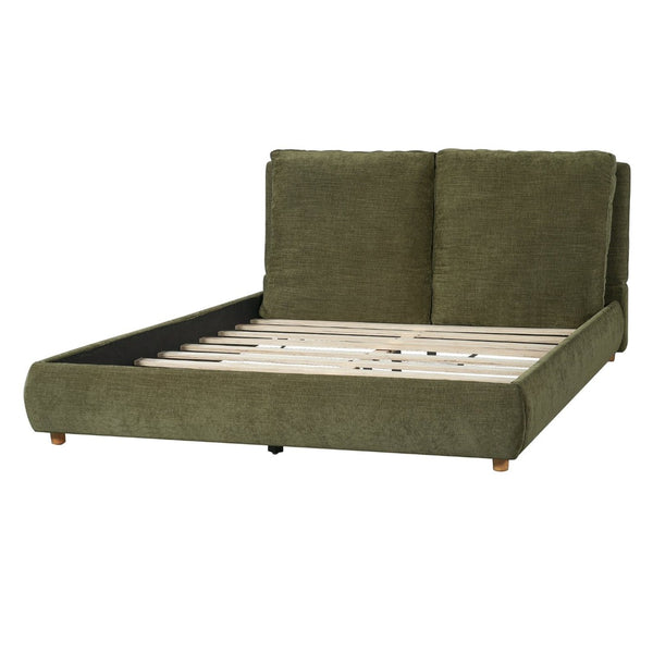 English Elm Queen Platform Bed Cotton Linen Upholstered Frame with Solid Wood Legs Pillow Headboard N757Q402354V