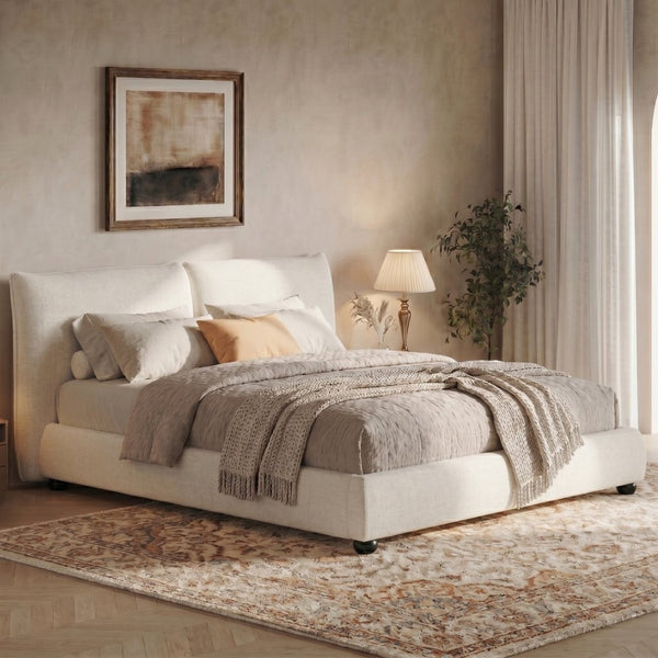 English Elm Queen Linen Upholstered Platform Bed Pillow Back Headboard Modern Bedroom Frame N757Q420231W