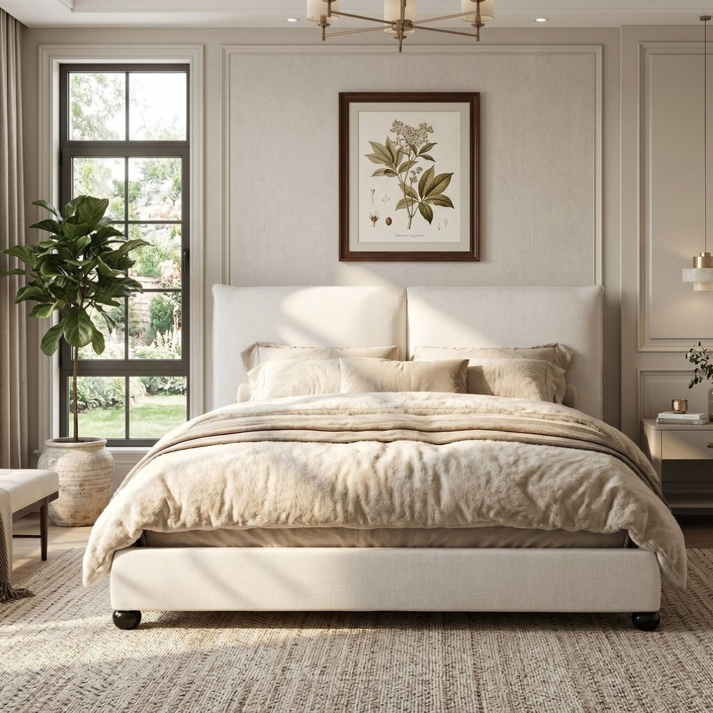 English Elm Queen Linen Upholstered Platform Bed Pillow Back Headboard Modern Bedroom Frame N757Q420231W